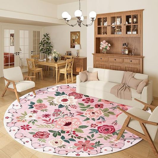 DUKINO Floral Round Rug, 6ft Washable Circle Rug, Non Slip Indoor Low Pile Circle Rug, Soft Small Boho Design Carpet for Bedroom, Entryway, Living Room, Dining Room, Pink