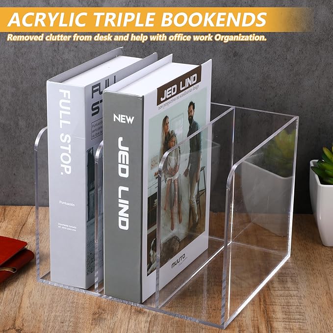 Acrylic Magazine Holder Desk Organizer Workspace Sorters，Clear Bookend File Sorter Holder，Folder Rack, Office Accessories Organization Storage with 3 Vertical Compartments