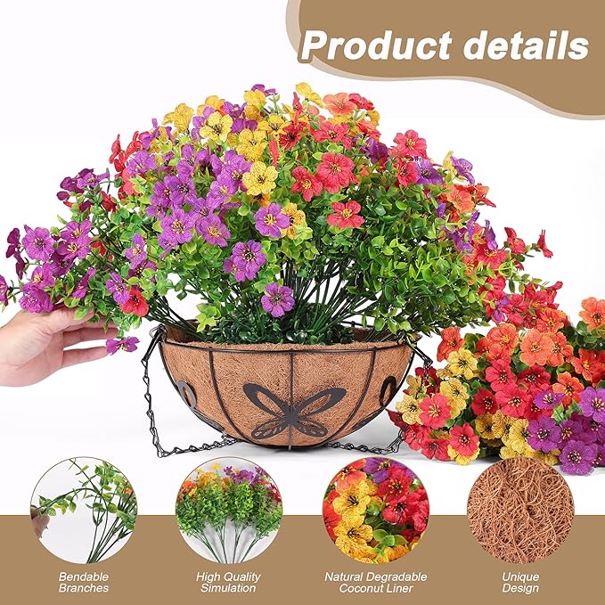 Artificial Faux Hanging Flowers Plants Basket for Outdoors Outside Home Decoration,Hanging Planters with Realistic Silk Fake Daisy Flowers UV Resistant for Balcony Patio Porch Spring Summer Multicolor