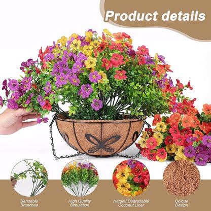 Artificial Faux Hanging Flowers Plants Basket for Outdoors Outside Home Decoration,Hanging Planters with Realistic Silk Fake Daisy Flowers UV Resistant for Balcony Patio Porch Spring Summer Multicolor