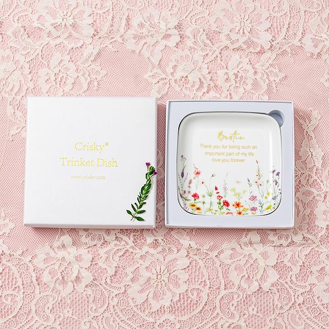 Crisky Jewelry Ring Dish for Bestie Birthday Gifts for Best Friend Women Friendship, Gifts for Friends Besties Floral Trinket Ring Dish Jewelry Tray for Her Sisters Long Distance Graduation Gift Ideas