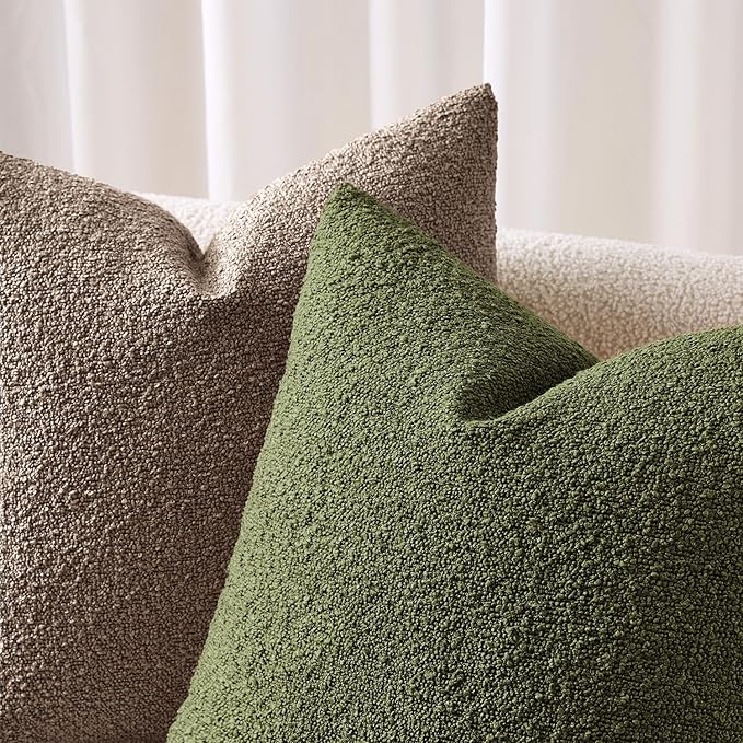 ANRODUO Pack of 2 Textured Boucle Throw Pillow Covers Soft Moss Green Decorative Accent Solid Pillow Cases Cozy Modern Couch Cushion Case for Sofa Bedroom Living Room Spring Home Decor, 18 x 18 Inch