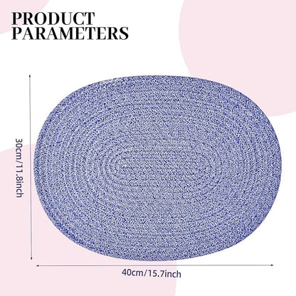 4 Pack Oval Woven Placemats, 12x16 inches Rattan Place Mats Cotton Pot Holders Wicker Tablemats Boho Braided Heat Resistant Mats, Plate Chargers for Table (Mix Blue, Oval Set of 4)
