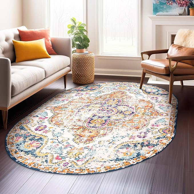Rugshop Vintage Distressed Bohemian Area Rug for Living Room,Bedroom,Dining Room– Vibrant Multi-Color Tribal Design, 5' x 7' Oval