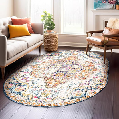 Rugshop Vintage Distressed Bohemian Area Rug for Living Room,Bedroom,Dining Room– Vibrant Multi-Color Tribal Design, 5' x 7' Oval