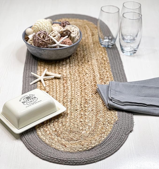 CHARDIN HOME Verona Oval Woven Jute & Cotton Braided Table Runner, Size -13 x 36 Inches, Color - Natural Jute with Grey Border