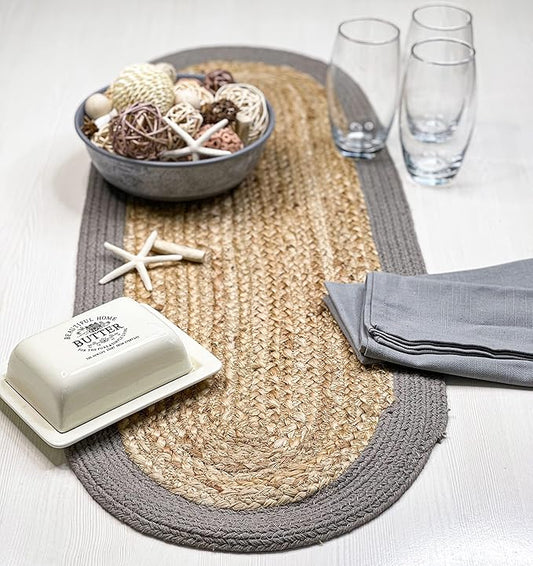 CHARDIN HOME Verona Oval Woven Jute & Cotton Braided Table Runner, Size -13 x 36 Inches, Color - Natural Jute with Grey Border