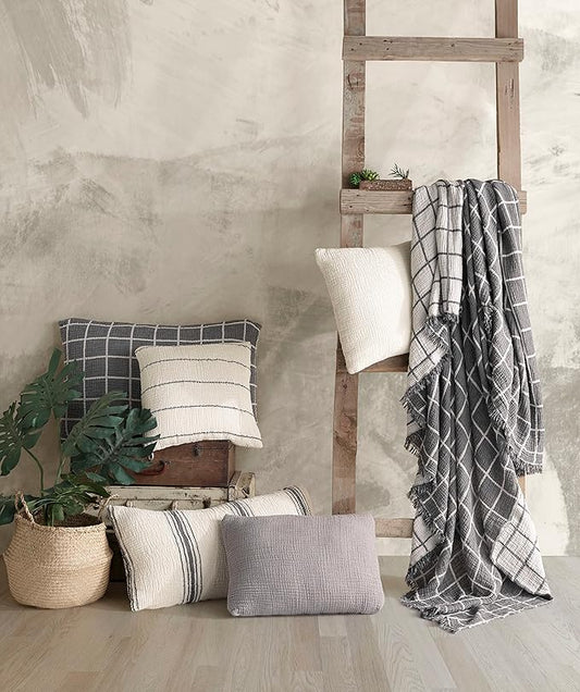 4 Layers Gauze Pillowcases, Cotton Muslin Pillowcovers, Breathable 4 Layer Gauze Shams (Gray Windowpane, Only 2 Queen Pillowcase 20 x 30 inches)