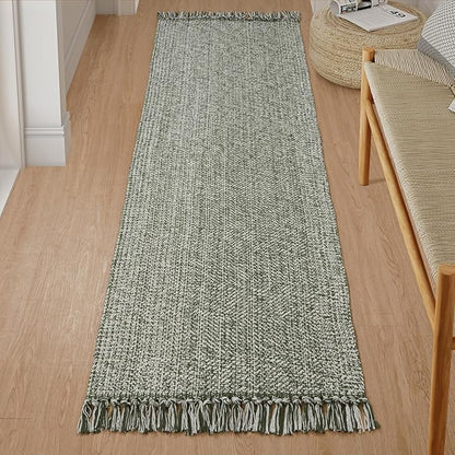 Collive Long Carpet Runners for Hallway 2x8ft, Washable Low Profile Front Entryway Rug Cotton Hand-Woven Kitchen Rug Runner, Olive Green/Cream Farmhouse Bedroom Rug for Laundry Room Entrance