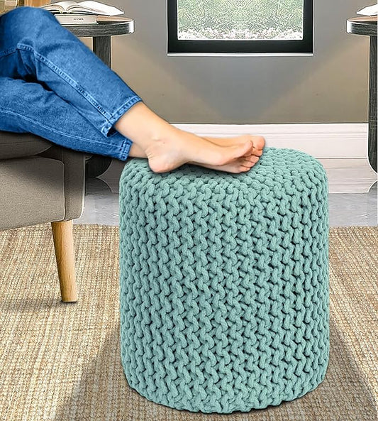COTTON CRAFT Braided Round Pouf - Hand Knitted Cotton Cord Cable Dori Cylindrical Ottoman - Foot Stool - Floor Pouf - Footrest - Accent Seat - Living Room Bedroom Dorm Décor - 15 Round x 16 H - Blue