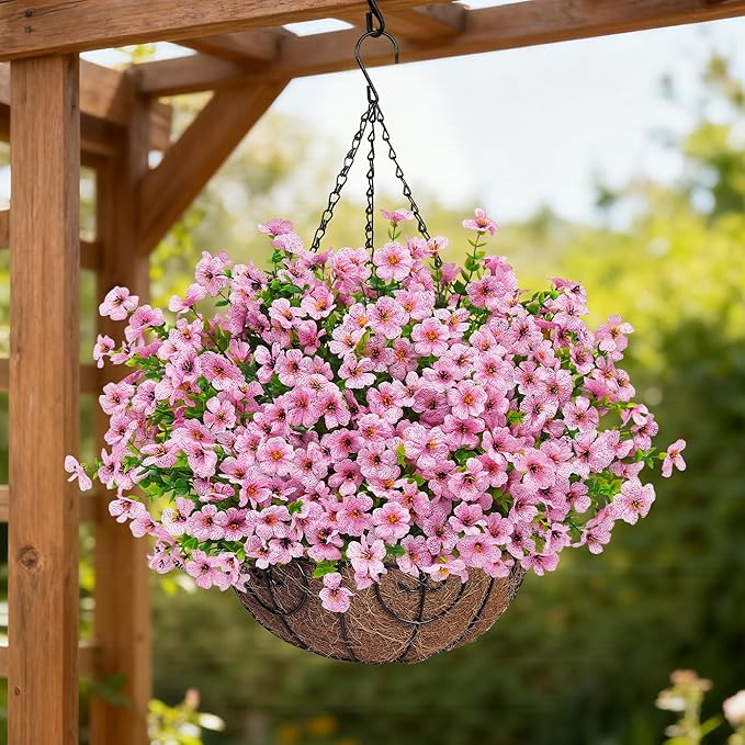 Artificial Fake Hanging Flowers Plants Basket for Outdoors Outside Spring Decoration,Hanging Planters with Faux Silk Flowers Realistic UV Resistant for Balcony Porch Patio Garden Fron Home Decor（Pink）