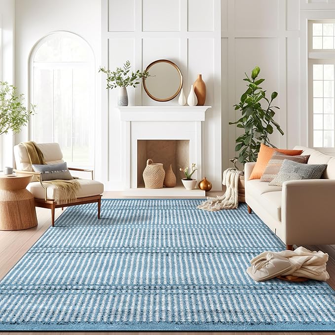 Rugshop Contemporary Stripe Lines High Traffic Living Room,Bedroom,Kitchen, Home Office Area Rug 7'10" x 10' Blue