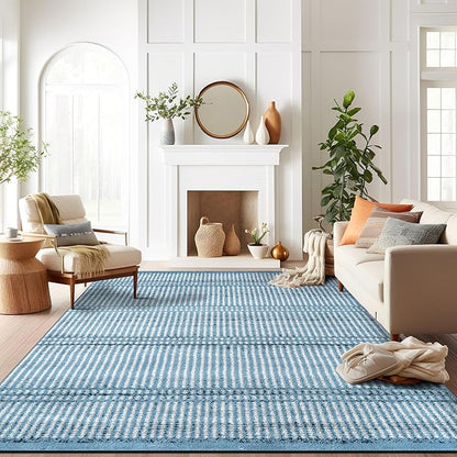 Rugshop Contemporary Stripe Lines High Traffic Living Room,Bedroom,Kitchen, Home Office Area Rug 7'10" x 10' Blue
