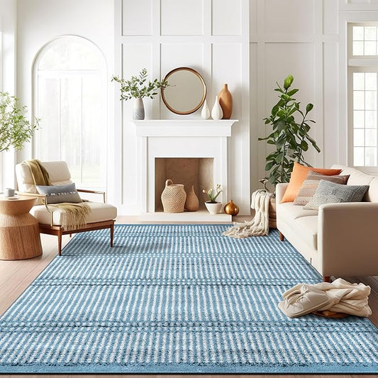 Rugshop Contemporary Stripe Lines High Traffic Living Room,Bedroom,Kitchen, Home Office Area Rug 7'10" x 10' Blue