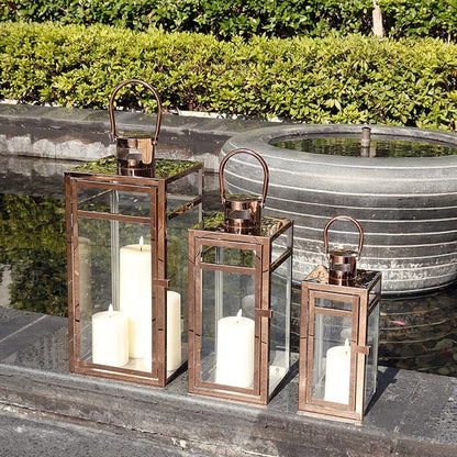 TRIROCKS Set of 3 Stainless Steel Candle Lantern 19'' High Metal Candle Holder with Clear Glass Panels Perfect for Home Decor Living Room Parties Events Tabletop Indoors Outdoors (Rose Gold)