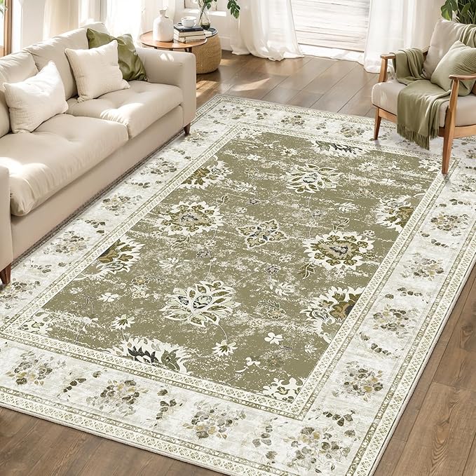 Tangsoo Floral Area Rug 8x10 Washable Vintage Carpet, Non-Slip Low Pile Large Rug for Living Room, Bedroom, Dining Room, Farmhouse, Kids Room Soft Distressed Boho Accent Rug for Home Décor
