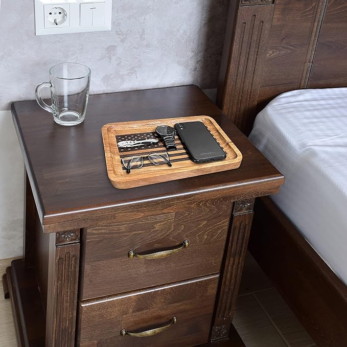 American Flag Valet Tray – Acacia Wood Catch All, EDC Tray – Every Day Carry Bedside Holder, Dump Tray EDC Organizer, Nightstand Organizer, Decorative Key Holder, 11 x 7.75 x 1 inches