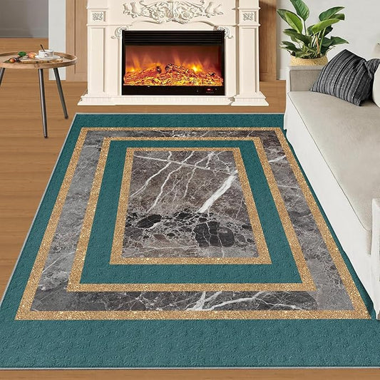 Emerald Green Marble Rug Luxury Teal Marble Area Rug Gilded Geometric Carpet Vintage Stone Crack Carpet for Bedroom Bedside Living Room 2x3ft