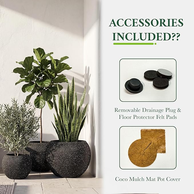 DTY Signature Mount Sherman Modern Indoor Outdoor Fiberstone Sphere Planter, Durable Round Garden Pot, Weather Resistant, Drainage Hole & Rubber Plug (Ribbed Black, Small)