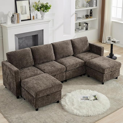 107'' Modular Sectional Sofa Convertible U Shaped Sofa Couch Set with Storage for Living Room, Modern 6 Seater Modular Sectional Couch with Movable Ottoman, Chenille Brown