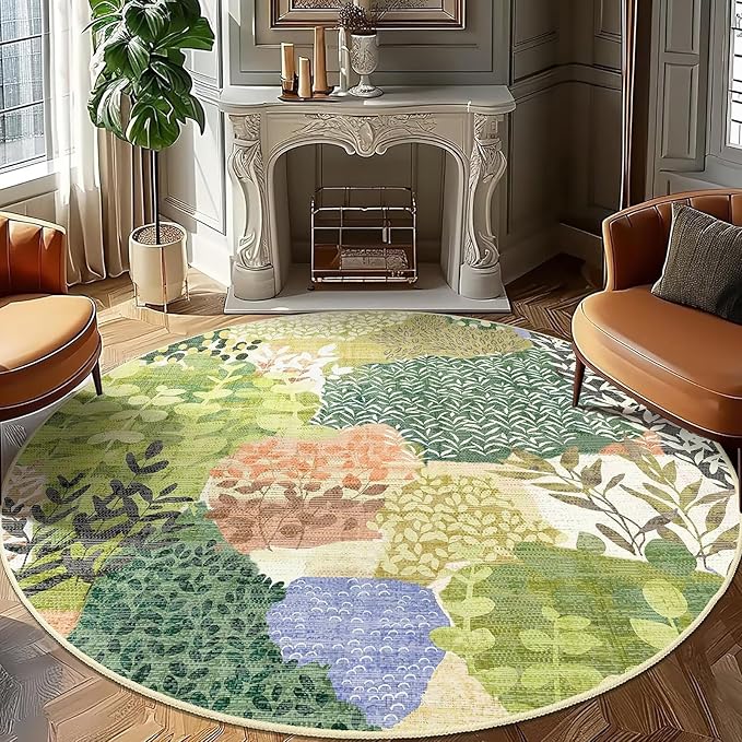 DEXDE Large Round Rug 9ft Washable Circle Area Rugs Non Slip Low Pile Boho Floral Circular Carpet for Bedroom Bathroom Entryway Kids Room Office Dining Room,Green