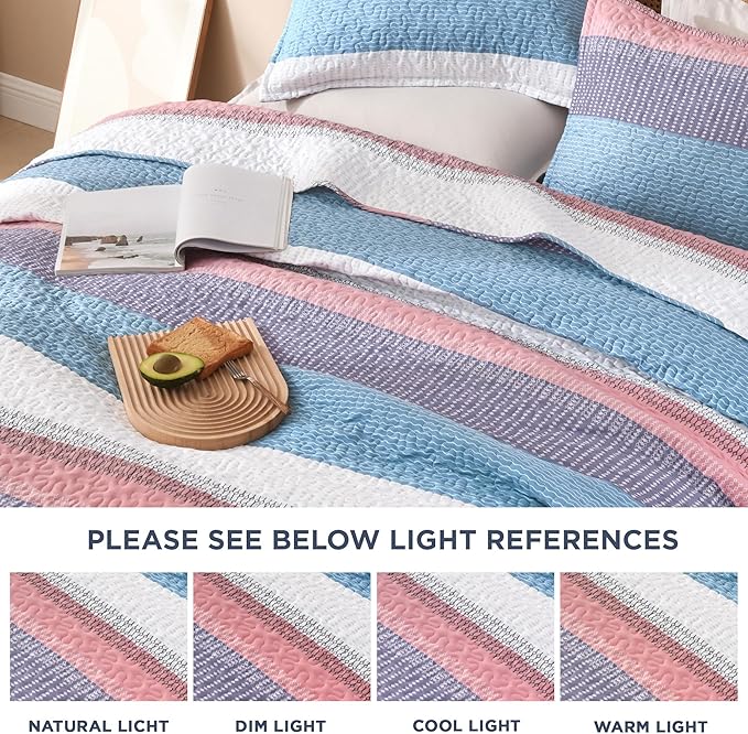 Litanika Twin Quilt Set Purple, Blue and White, 68x86 Stripe Bedspread Coverlet 2 Pieces, Pink Lightweight Quilted Bedding Set for All Season(Twin-1 Quilt, 1 Pillowcase)