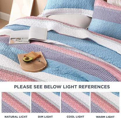 Litanika Twin Quilt Set Purple, Blue and White, 68x86 Stripe Bedspread Coverlet 2 Pieces, Pink Lightweight Quilted Bedding Set for All Season(Twin-1 Quilt, 1 Pillowcase)