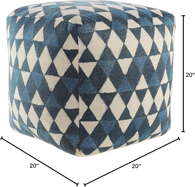 LR Home Pacifica Blue/Cream Large Ottoman Pouf for home decor | Geometric Hand-Woven Cotton Square pouf ottoman foot rest for bedroom & living room decor | 20 x 20 x 20 Ottoman Cube for Seating