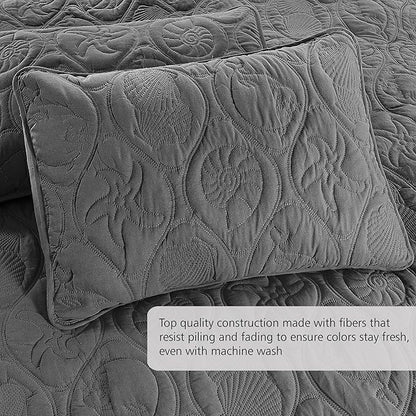 Pure Bedding Quilt Set Full/Queen Size Dark Grey - Oversized Bedspread - Soft Microfiber Coverlet for All Season - Includes 1 Quilt and 2 Shams, Ocean Star Pattern