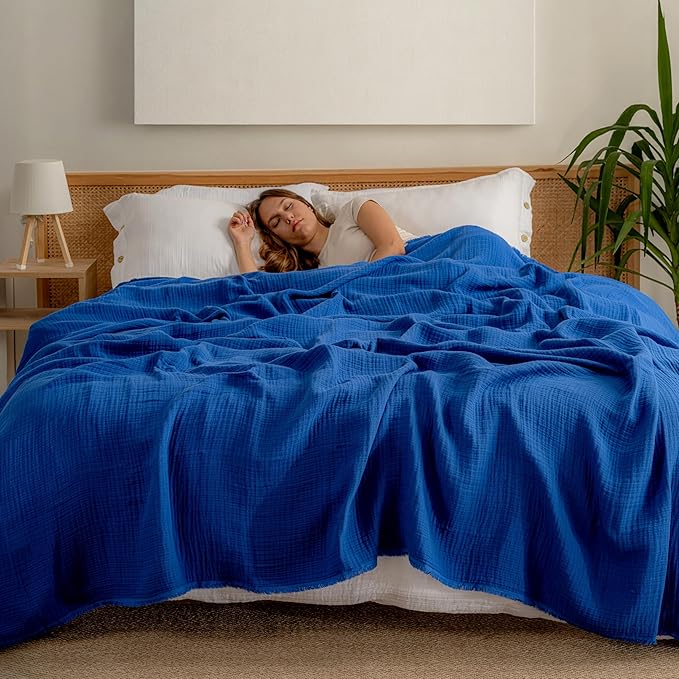 Muslin Blanket - Pure 100% Turkish Cotton Airy Soft Light Versatile Gauze Throw Blanket for Bed, Couch, Sofa (Blue, King Size (95" x 110" inch))