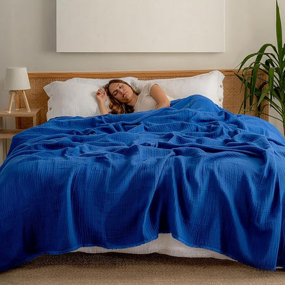 Muslin Blanket - Pure 100% Turkish Cotton Airy Soft Light Versatile Gauze Throw Blanket for Bed, Couch, Sofa (Blue, King Size (95" x 110" inch))