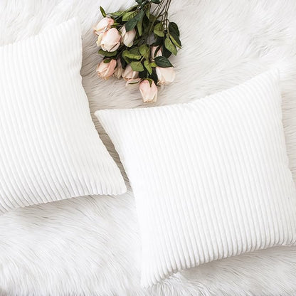Home Brilliant White Euro Shams Set of 2 60x60 Pillow Covers Striped Corduroy Textured Velvet European Pillow Shams for Couch, 24 x 24 inch, Pure White