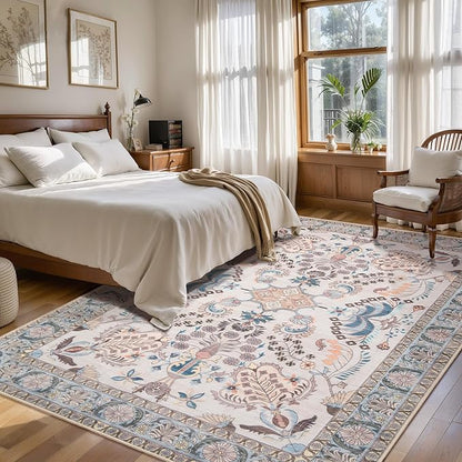 Tangsoo 2x6 Washable Runner Rug for Hallways,Non Slip Vintage Floral Rug Runner, Soft Low Pile Neutral Floor Carpet Runners for Kitchen Bedroom Entryway Living Room Bedside Laundry Home Decor