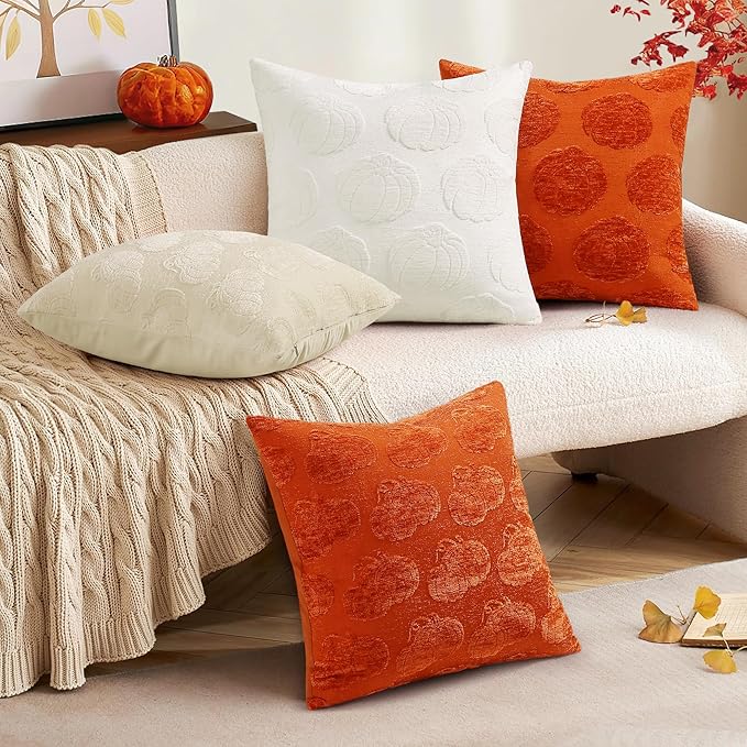 decorUhome Decorative Rust Pumpkin Thanksgiving Throw Pillow Covers 12x20 Set of 2, Soft Chenille Jacquard Farmhouse Textured Pillow Covers for Couch Bed Sofa Autumn Harvest Halloween Holiday