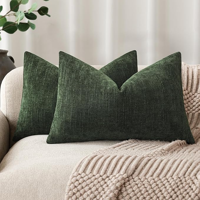 Foindtower Pack of 2 Textured Chenille Throw Decorative Pillow Covers Square Accent Solid Cushion Cover Neutral Farmhouse Lumbar Pillow Case for Couch Sofa Bedroom Living Room 12x20 Inch,Dark Green