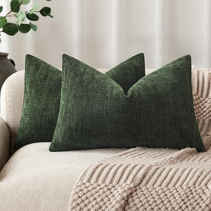 Foindtower Pack of 2 Textured Chenille Throw Decorative Pillow Covers Square Accent Solid Cushion Cover Neutral Farmhouse Lumbar Pillow Case for Couch Sofa Bedroom Living Room 12x20 Inch,Dark Green