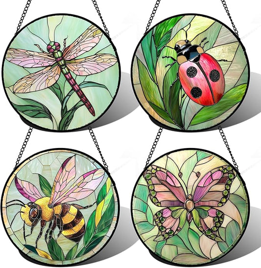 DASTOLL Stained Glass Window Hanging 4 Pcs Set Pink Green Insect Theme 7.8" - Butterfly Suncatcher Door Garden Sun Catcher Decor Birthday Christmas for Mom Woman Nana Men