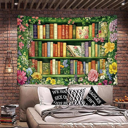 DYNH Wildflowers Bookshelf Tapestry,Book on Bookshelf and Colorful Plants Tapestries,Vintage Art Wall Hanging Decor for Study Room Bedroom Living Room College Dorm,40x30In