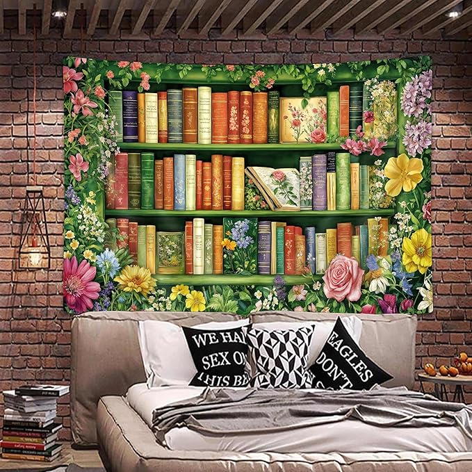 DYNH Wildflowers Bookshelf Tapestry,Book on Bookshelf and Colorful Plants Tapestries,Vintage Art Wall Hanging Decor for Study Room Bedroom Living Room College Dorm,60X50Inches
