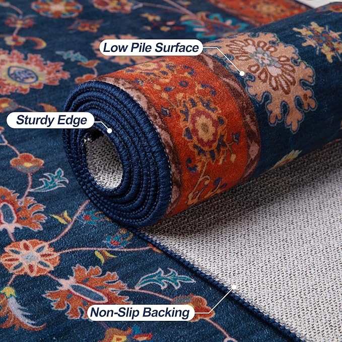 Tangsoo 2x10 Washable Runner Rug for Hallway Non Slip, Boho Floral Vintage Red Blue Carpet Long Runner Rugs for Entryway Kitchen, Floor Low Pile Runners for Laundry Bedroom Alfombra Farmhouse