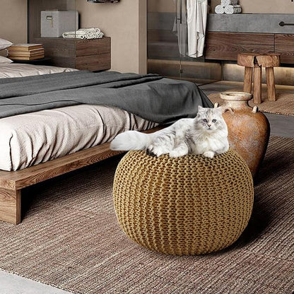HOMBYS Unstuffed Ottoman Pouf Cover, 100% Cotton Handmade Knitted Ottoman Pouf Cover Round Foot Stool, Floor Bean Bag Chair, Foot Rest Storage for Living Room Bedroom, Ginger(Cover ONLY NO Filler)