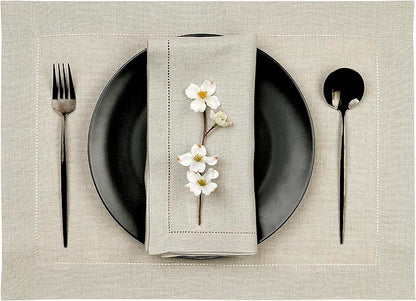 D'Moksha Homes Linen Placemats Set of 6 - Classic Hemstitch Natural Placemats 14 x 19 Inch - 100% Pure Linen Table Mats for Valentines, Holiday, New Year - Handcrafted and Machine Washable