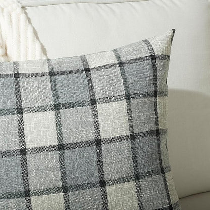 Stellhome Pack of 2 Faux Linen Buffalo Check Throw Pillow Covers, Farmhouse Plaid Decorative Cushion Covers for Couch Sofa Living Room, 26x26 Inch, Light Grey