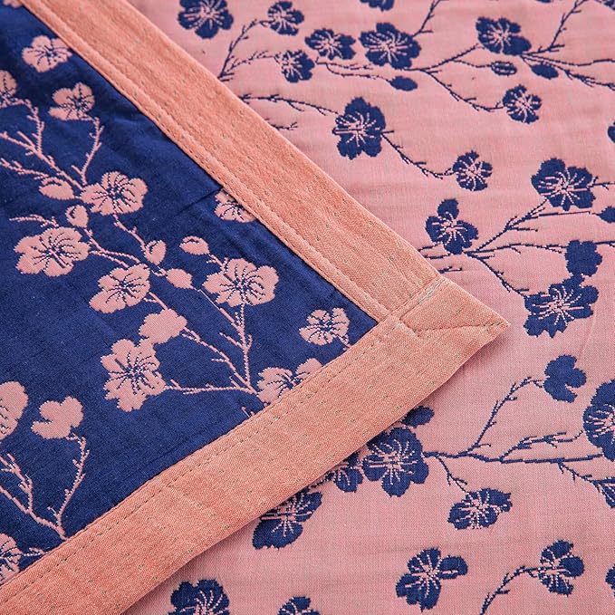 100% Cotton Muslin Jacquard 2 Piece Quilt Set Floral Plum Blossom Print, Soft 3 Layers Gauze Bed Cover Reversible Bedspread Coverlet Breathable Lightweight Bedding Set, Twin