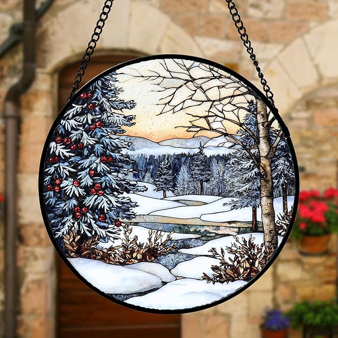 Stained Glass Window Hanging, Winter Snow Landscape Suncatcher Diamond Glass Panel Sun Catchers Decor for Birthday for Women, Men, Wife, Aunt, and Mom 9.8 in