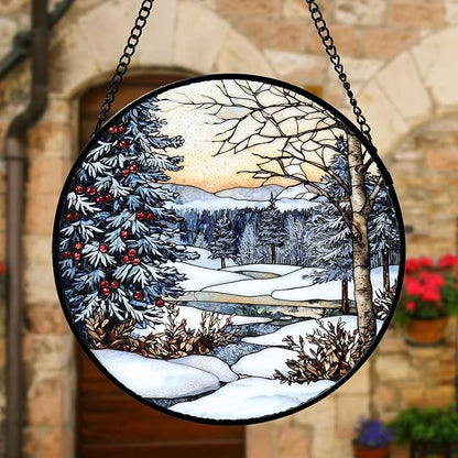 Stained Glass Window Hanging, Winter Snow Landscape Suncatcher Diamond Glass Panel Sun Catchers Decor for Birthday for Women, Men, Wife, Aunt, and Mom 9.8 in