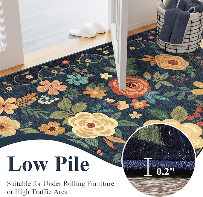 DUKINO 6x9 Area Rug, Floral Rugs for Living Room, Lightweight Non Slip Washable Rug, Indoor Low Pile & Non-Shedding Boho Design Rugs for Bedroom, Living Room, Dining Room, Dark Blue