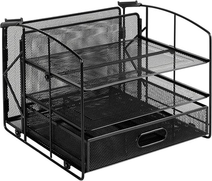 Amazon Basics Rectangular Desk Organizer 3 Tray w/Sliding Drawer and Hanging File Holder, Black