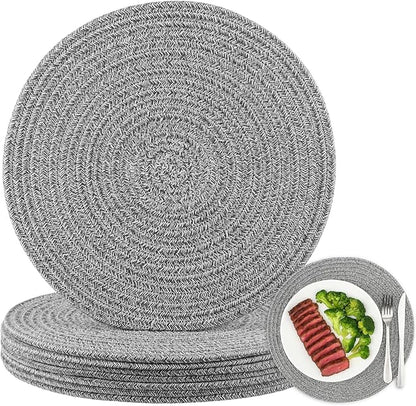 8 Pack Round Woven Placemats 13.5 Inches Heat Resistant Placemats Farmhouse Cotton Rope Braided Place Mats for Dining Tables Trivets for Hot Dishes, Light Grey