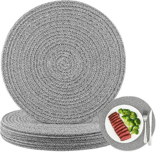 8 Pack Round Woven Placemats 13.5 Inches Heat Resistant Placemats Farmhouse Cotton Rope Braided Place Mats for Dining Tables Trivets for Hot Dishes, Light Grey